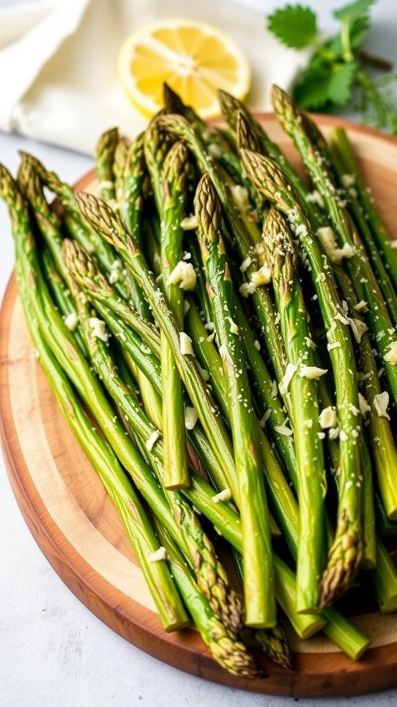 Roasted asparagus spears on a wooden platter garnished with parmesan and lemon.